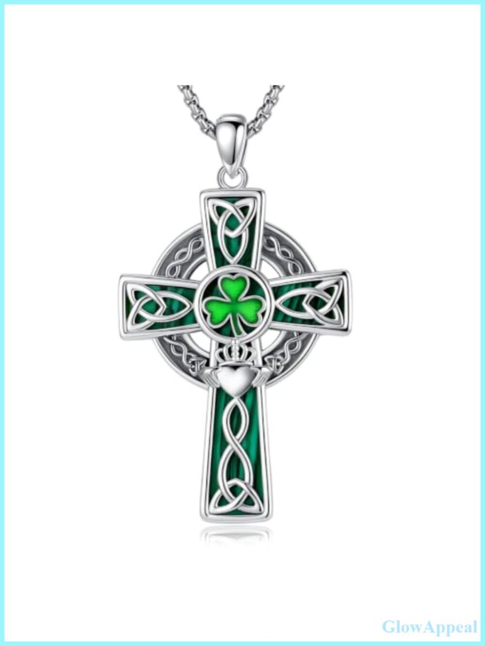 Celtic Cross Pendant Necklace Silver-Plated Copper Malachite Inlay 22+2" Box